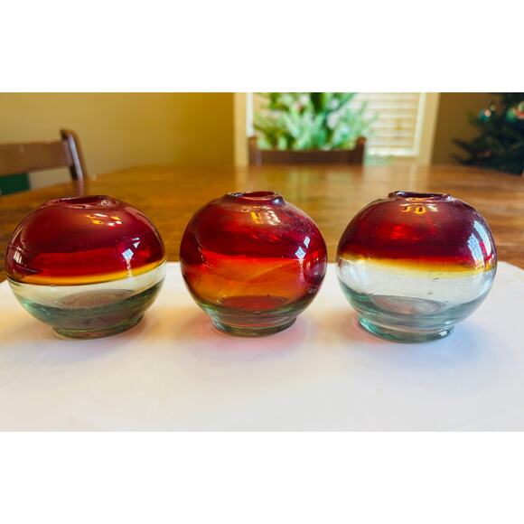 Set of 3 Vintage Amberina Globe/Ball Style Hand Blown Glass Vases Made in Mexico - Picture 8 of 8